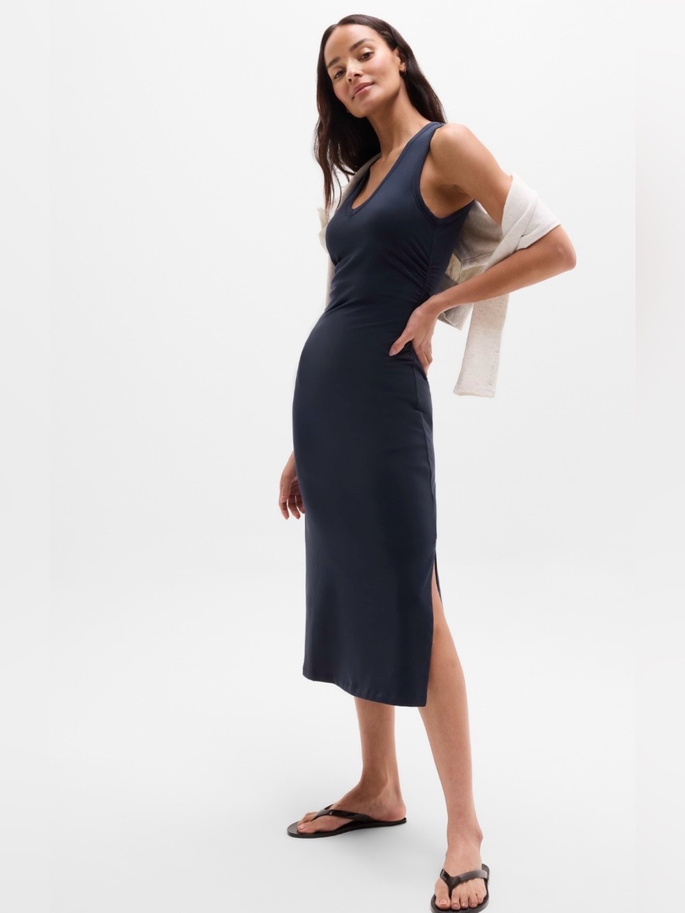 NWT-Athleta Navy Essential V-Neck Midi Dress, Extra Large